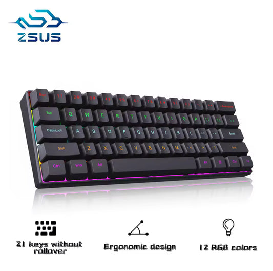 ZSUS Z61-B USB Gaming Mechanical Mini Keyboard Red Switch RGB Backlit 61 Keys Wired